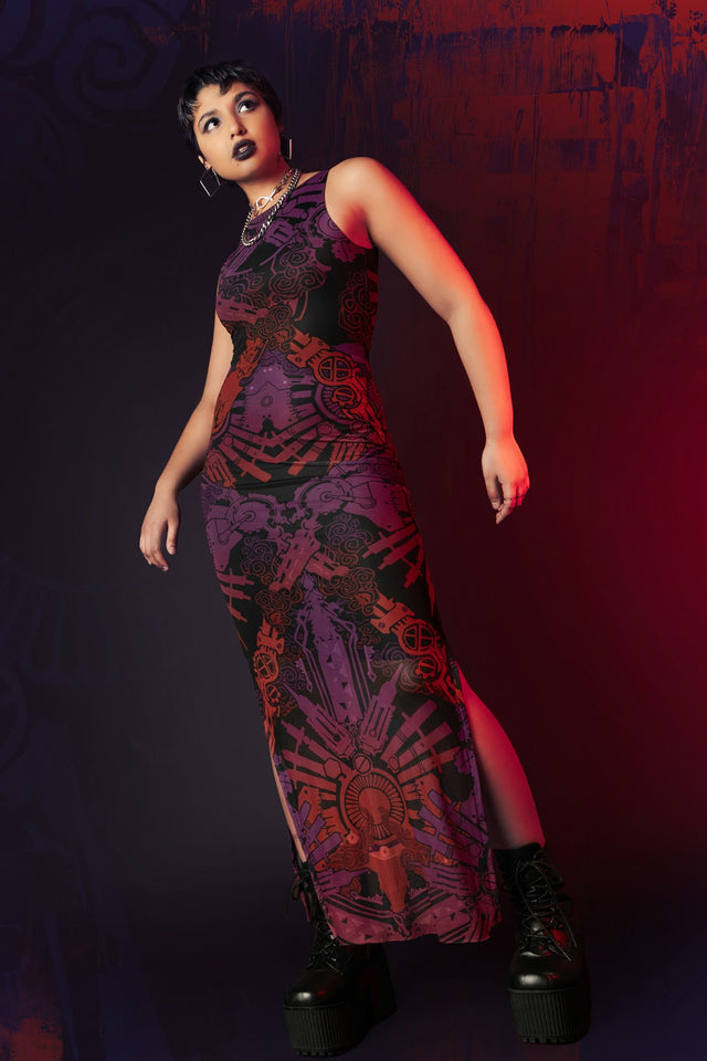 BlackMilk x League of Legends Arcane Vi Tattoos Sheer Column Maxi Dress - Arcane Merchandise - Collaboration apparel - Licenced.