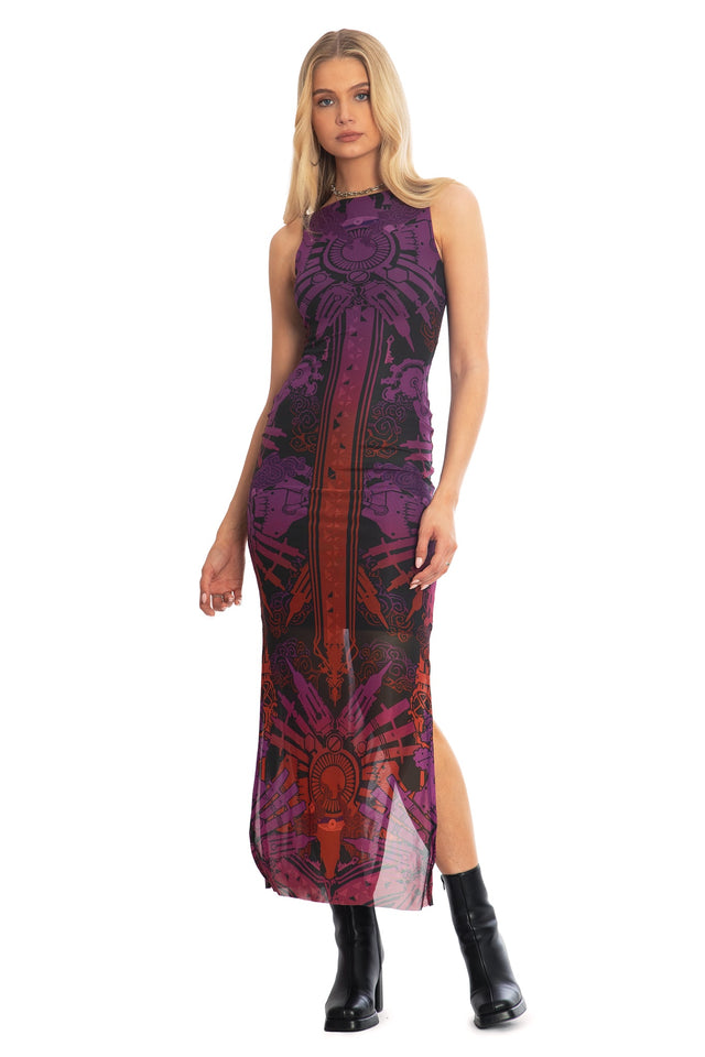 BlackMilk x League of Legends Arcane Vi Tattoos Sheer Column Maxi Dress - Arcane Merchandise - Collaboration apparel - Licenced.