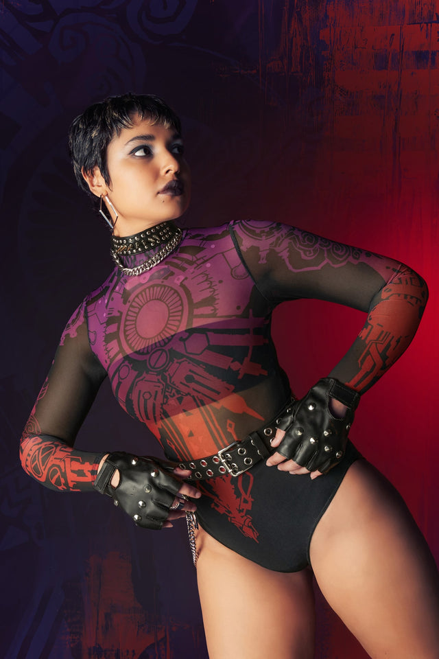 BlackMilk x League of Legends Arcane Vi Tattoos Sheer High Neck Long Sleeve Bodysuit - Arcane Merchandise - Collaboration apparel - Licenced.