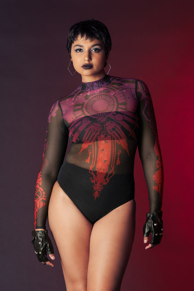 BlackMilk x League of Legends Arcane Vi Tattoos Sheer High Neck Long Sleeve Bodysuit- Arcane Merchandise - Collaboration apparel - Licenced.