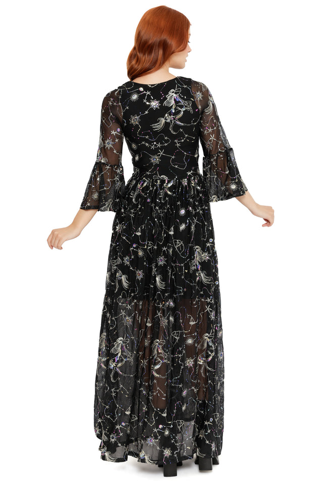Black mesh maxi dress featuring star, constellation and cosmic embroidery with long bell sleeves