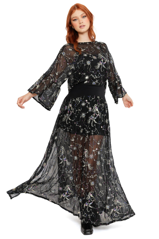 Cosmic embroidered mesh maxi skirt in black with star maps, celestial symbols and a flowing silhouette