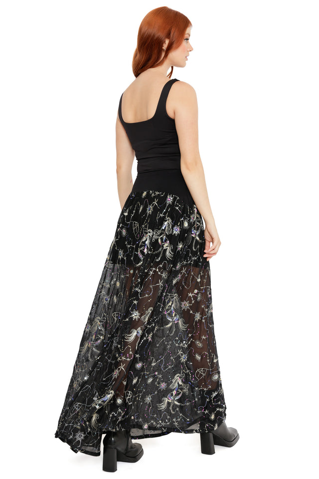 Statement black maxi skirt with sheer overlay and detailed constellation embroidery for a space-inspired look