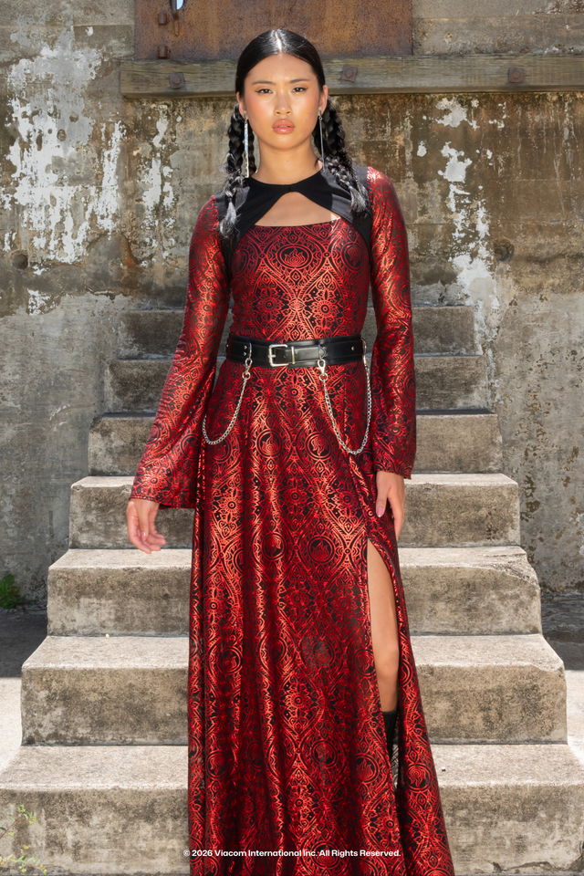 Avatar: The Last Airbender x BlackMilk Fire Nation Long Sleeve Bolero Maxi Dress, red and black Fire Nation inspired Avatar fashion, official licensed clothing