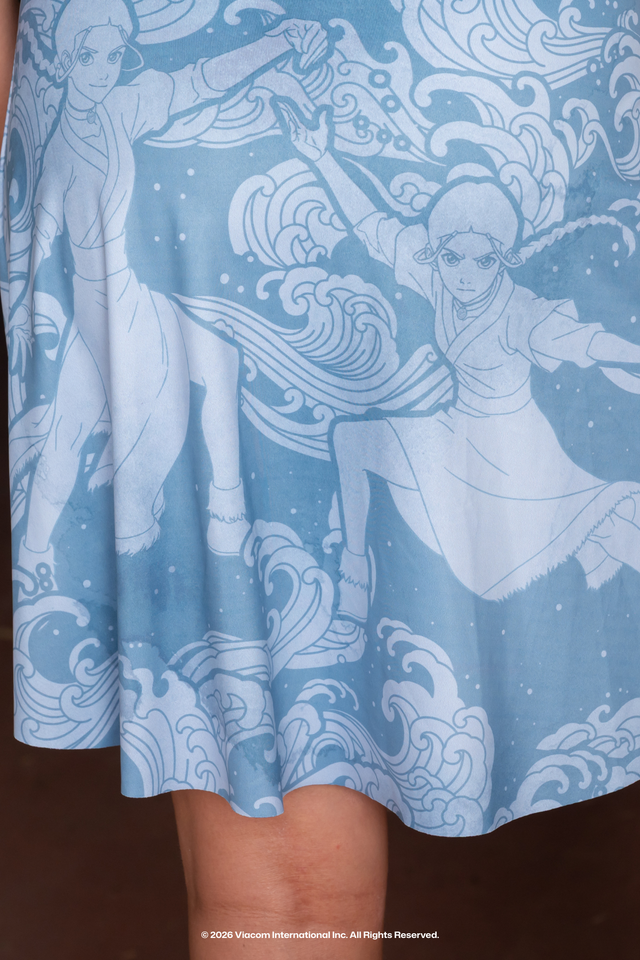 Avatar: The Last Airbender x BlackMilk Katara inspired Avatar dress featuring water elemental artwork and Water Tribe design details