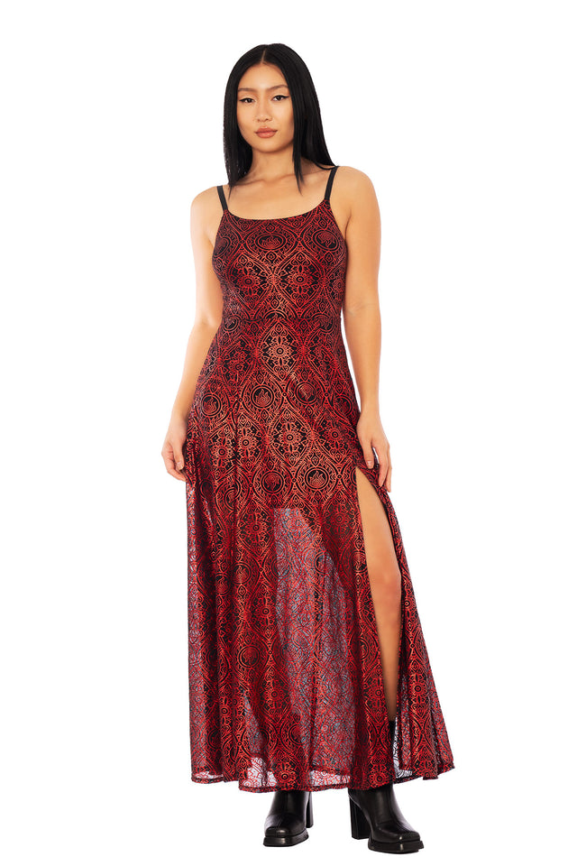 Avatar: The Last Airbender x BlackMilk Fire Nation Avatar dress showcasing red Fire Nation motifs and flowing maxi length silhouette