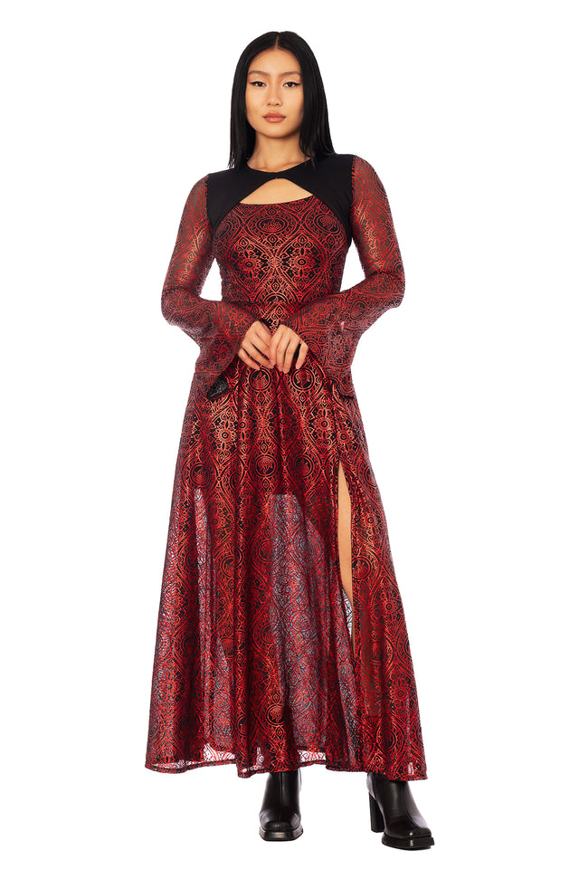 Avatar: The Last Airbender x BlackMilk Fire Nation inspired bolero maxi dress with detailed all over print, official licensed Avatar fashion collection
