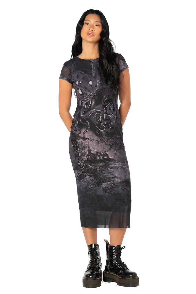 Great Old Ones Sheer Cap Sleeve Bodycon Dress featuring a flattering bodycon silhouette, sheer cap sleeves and intricate occult-inspired artwork, perfect for gothic fashion, special occasions and evening wear.