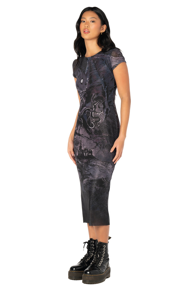 Sheer cap sleeve bodycon dress with occult-inspired print, designed for confident styling, alternative fashion lovers and standout occasion wear.