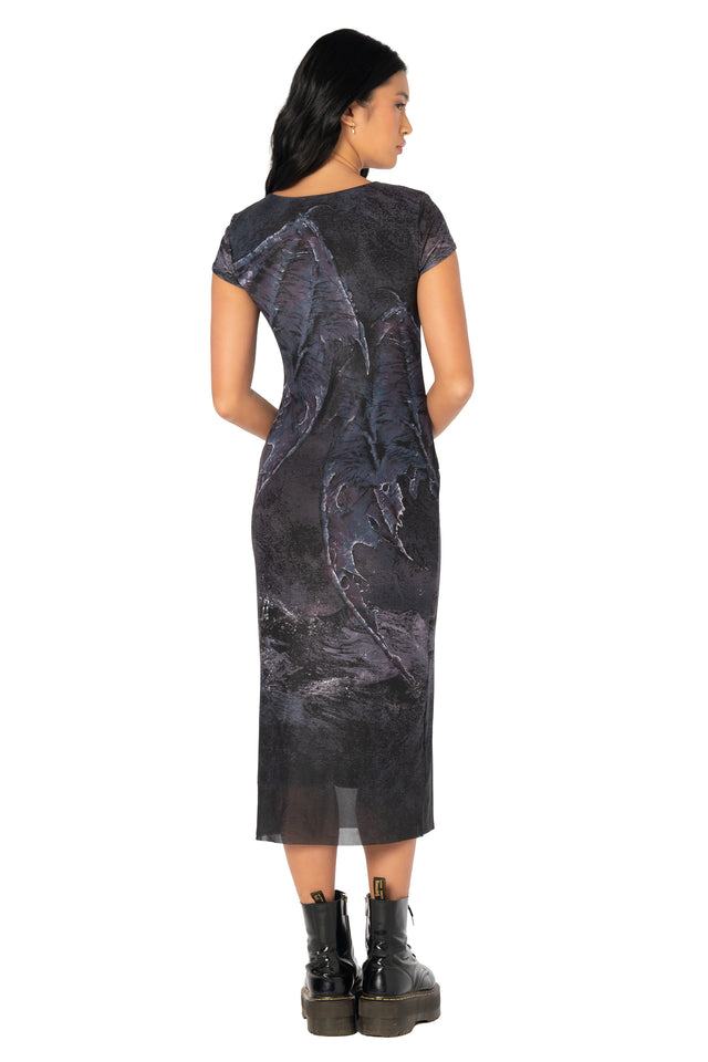 Gothic bodycon dress with sheer sleeves and dark fantasy artwork, combining a flattering fit and statement design for events, nights out and special occasions.