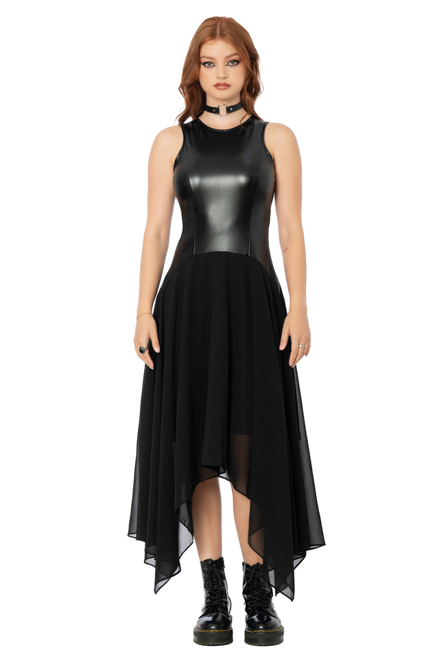 Detail shot of the sheer mesh handkerchief hem on the BlackMilk Black Sheer and Solid Handkerchief Dress, layered over a fitted faux leather bodice in black gothic streetwear style.
