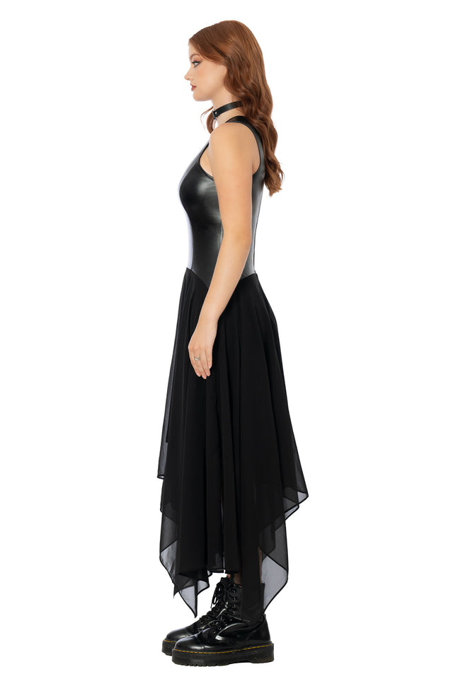 Side profile of the BlackMilk Black Sheer and Solid Handkerchief Racer Dress, showing the fitted faux leather bodice and floaty sheer handkerchief hem in a gothic midi silhouette.