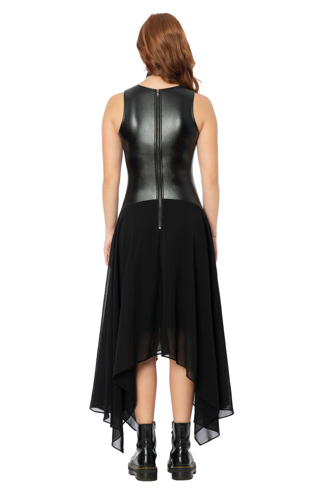 Front closeup of a model wearing the BlackMilk Black Sheer and Solid Handkerchief Racer Dress, showing the fitted bodice and flowing sheer skirt panels in black.
