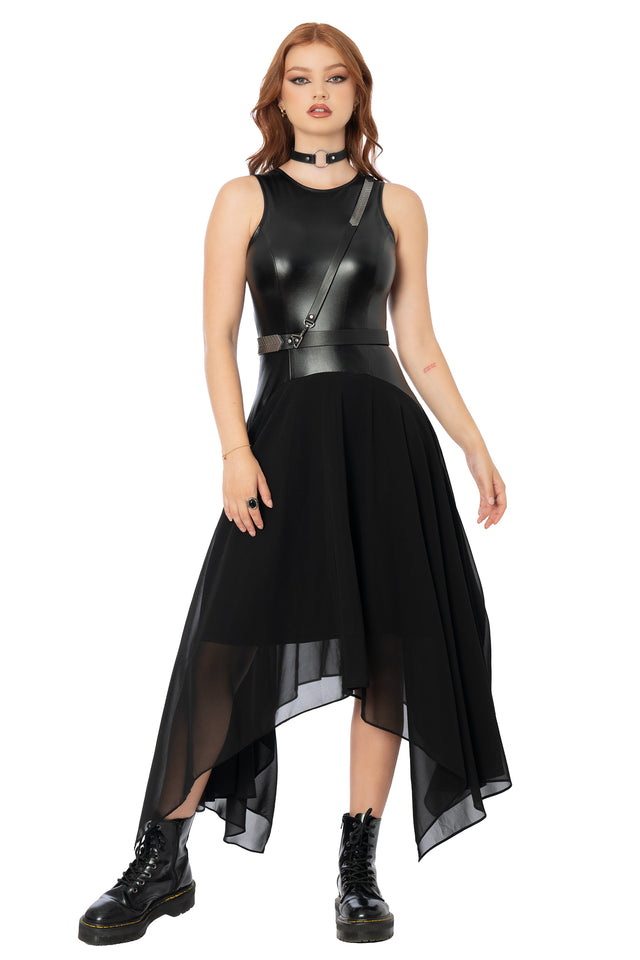 Front view of the BlackMilk Black Sheer and Solid Handkerchief Racer Dress, featuring a fitted faux leather bodice and sheer chiffon handkerchief hem in black, from the Lord of the Rings collection.