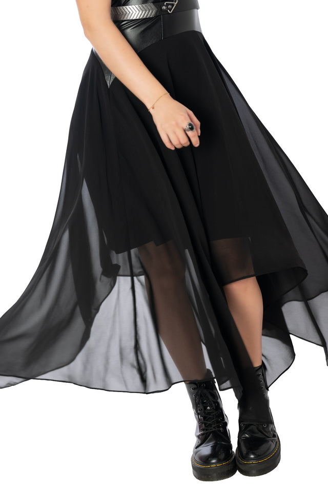 Back view of the BlackMilk Lord of the Rings Black Sheer and Solid Handkerchief Racer Dress, showing the racerback bodice and sheer chiffon skirt panels.