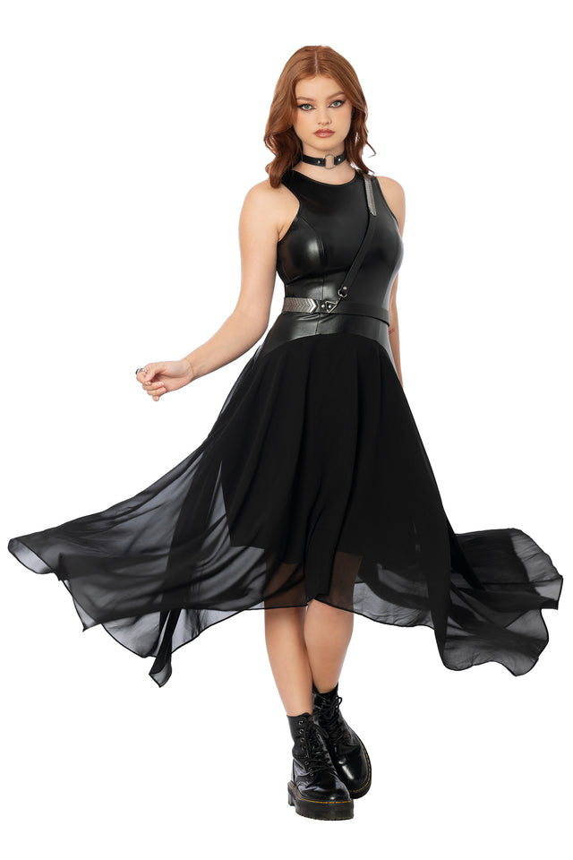 Black Sheer and Solid Handkerchief Racer Dress