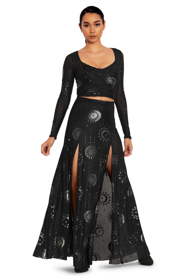 burned velvet mystic split maxi skirt