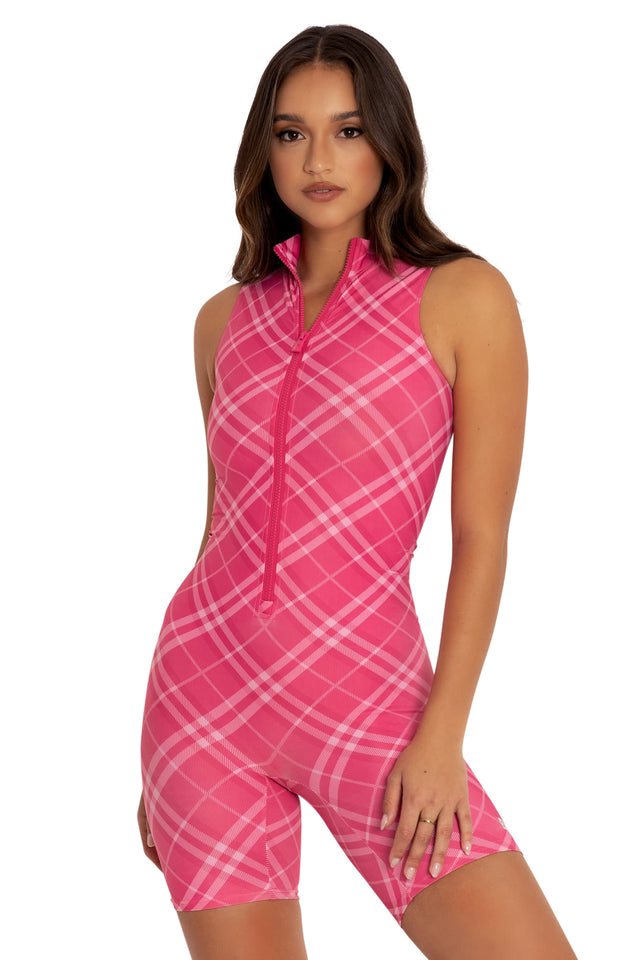 plaid pink on pink zip short active catsuit