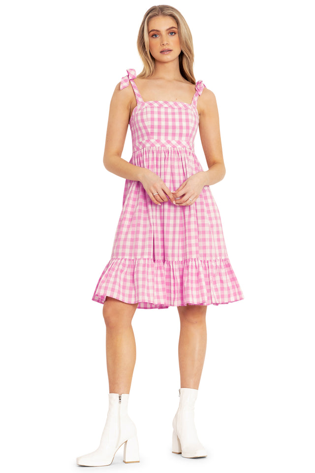 gingham pastel pink tied n tiered longline dress