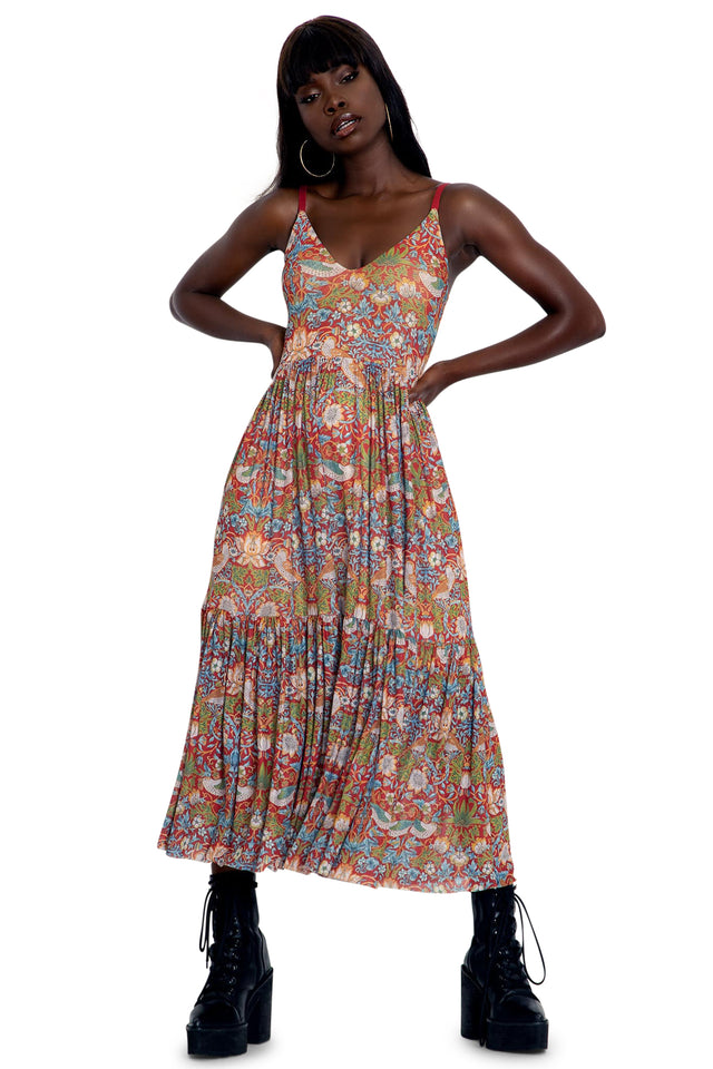 strawberry thief red sheer midaxi dress
