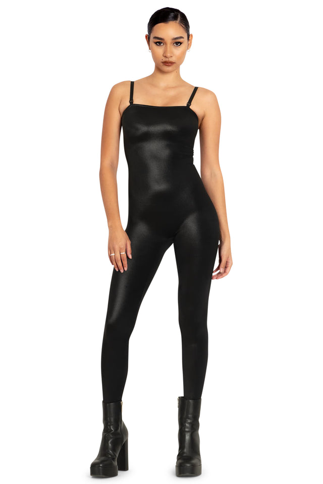 wet look strappy catsuit