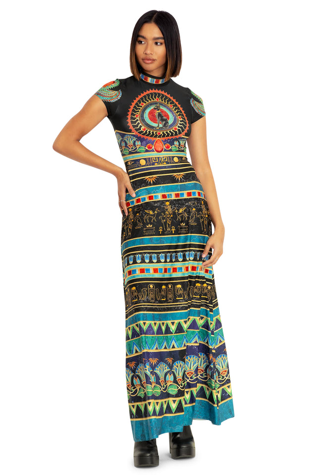 walk like an egyptian high neck cap sleeve maxi dress
