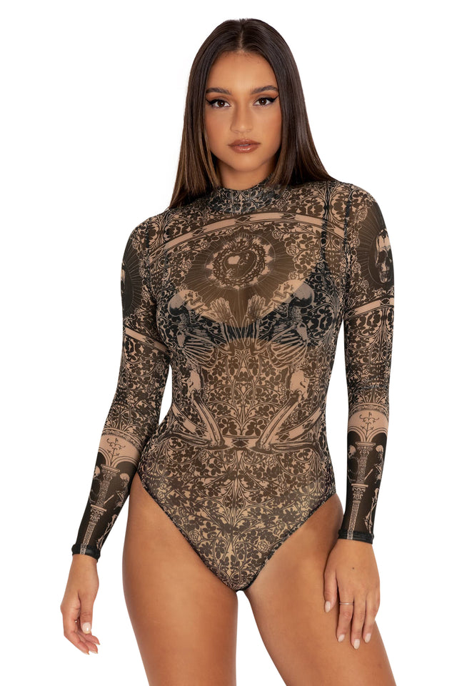 Blood Sacrifice Beige Sheer High Neck Long Sleeve Bodysuit