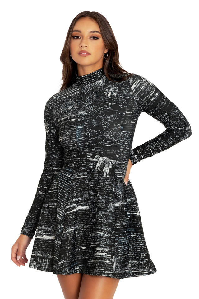 high neck skater dress long sleeve Warm Black Long Sleeve Evil Mini Skater Dress-BlackMilk