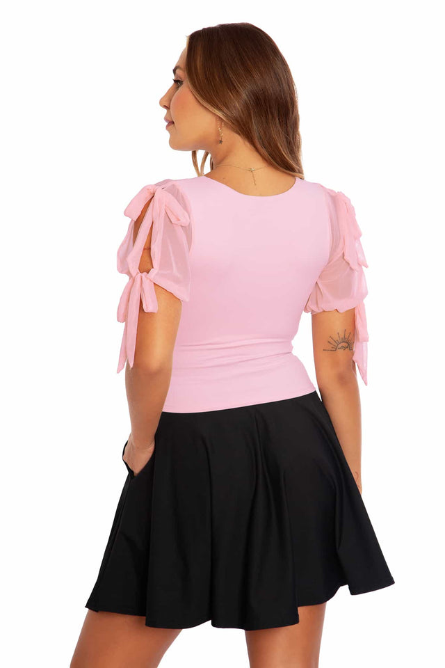 Matte Baby Pink Sheer Tie Sleeve Top