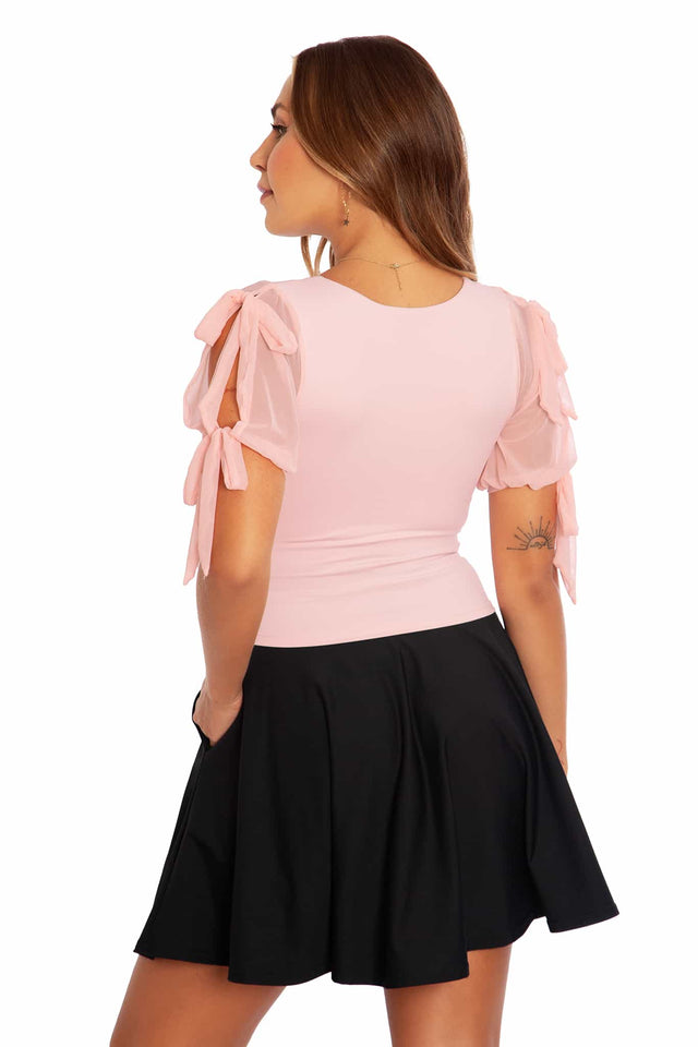 Women’s Baby Pink Top with Sheer Puff Sleeves - Casual, Cute, Comfy