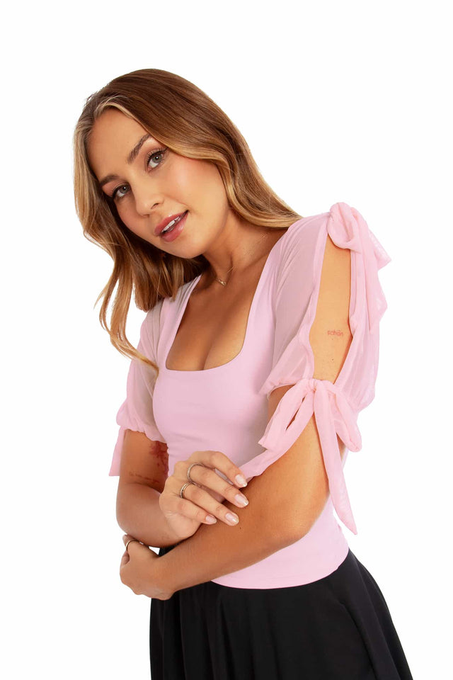 Matte Baby Pink Sheer Tie Sleeve Top