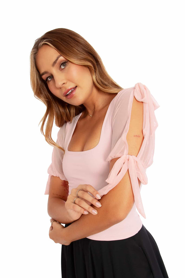 Women’s Baby Pink Top with Sheer Puff Sleeves - Casual, Cute, Comfy