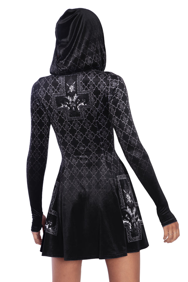 Baphomet Velvet Hooded Long Sleeve Mini Skater Dress Back