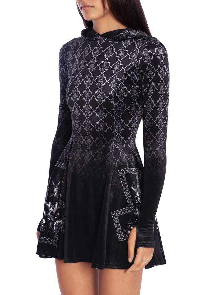 Baphomet Hooded Velvet LS Evil Mini Skater Dress - Limited BlackMilk Clothing Baphomet Hooded Velvet LS Evil Mini Skater Dress - Limited BlackMilk Clothing