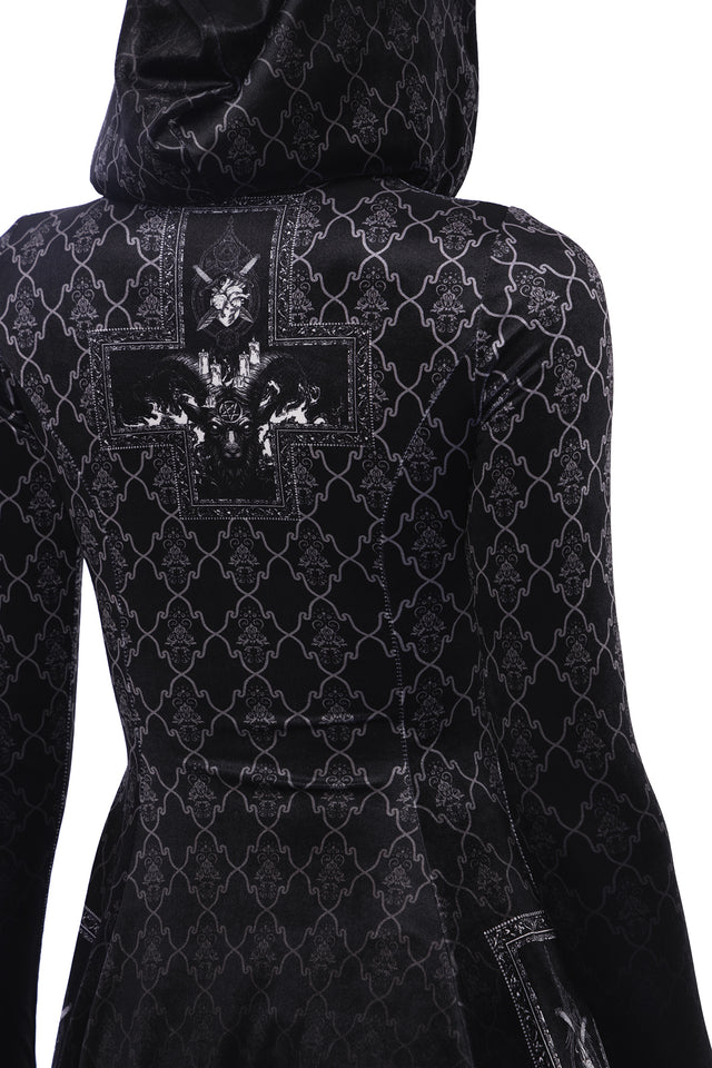 Baphomet Velvet Hooded Long Sleeve Mini Skater Dress Closeup 