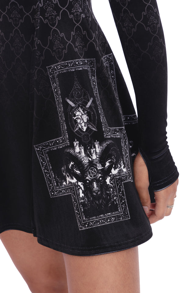 Baphomet Velvet Hooded Long Sleeve Mini Skater Dress Closeup