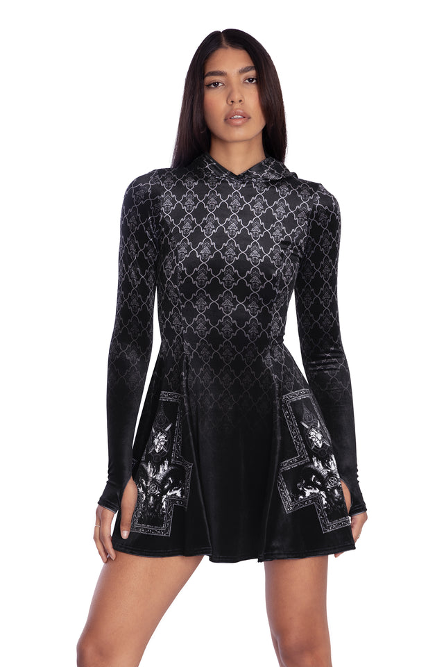 Baphomet Velvet Hooded Long Sleeve Mini Skater Dress Front 