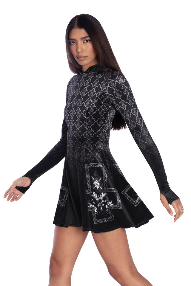 Baphomet Velvet Hooded Long Sleeve Mini Skater Dress Side