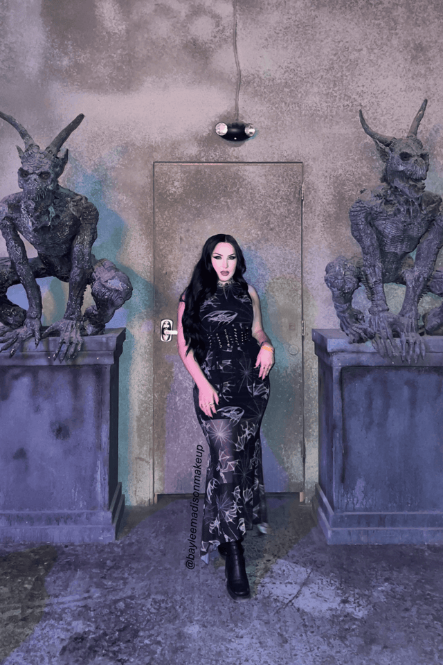 BlackMilk Clothing - Halloween - Bat Bones Godet Maxi Dress - @bayleemadisonmakeup