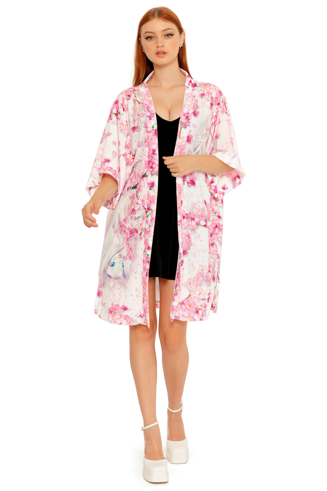 Front view of the Pearl in Sakura Robe from the Lora Zombie collection, featuring a soft pink base with cherry blossom florals and illustrated details.