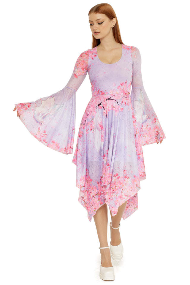 Front view of the Pearl in Sakura Spectre Handkerchief Dress from the Lora Zombie collection, featuring lilac tones and pink cherry blossom florals.