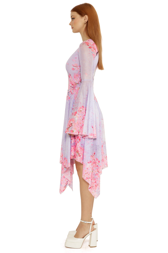 Lilac and pink cherry blossom handkerchief dress from the Lora Zombie collection with dramatic bell sleeves.