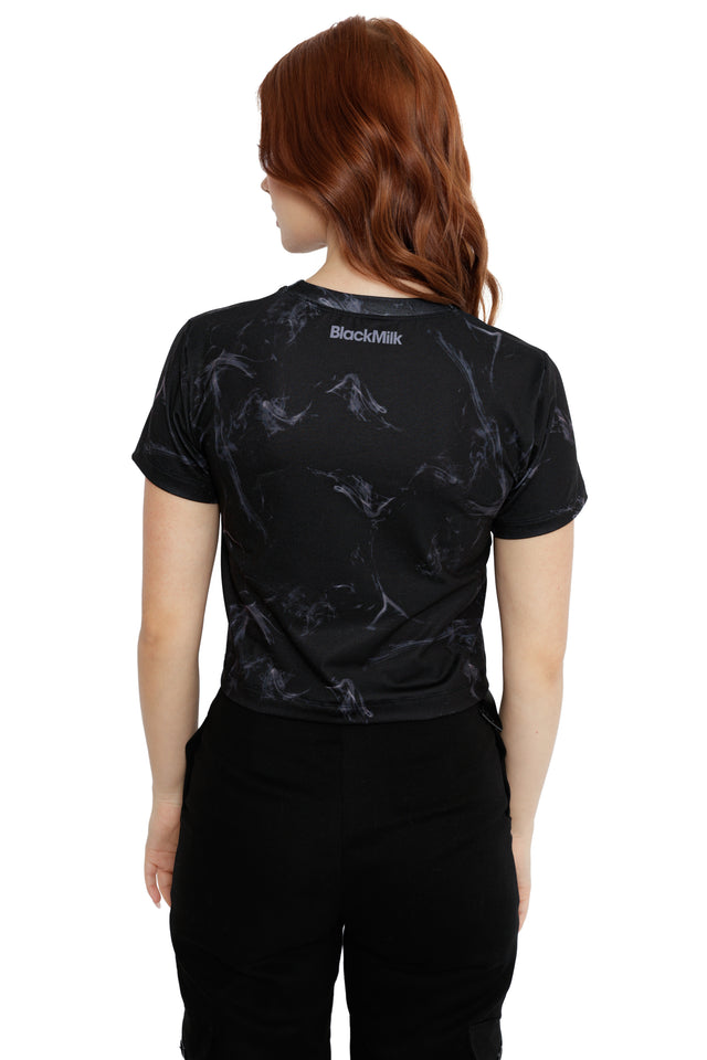 Black cropped Fallout x BlackMilk Be My Valentine Tee with neon sign print and Nick Valentine inspired design.