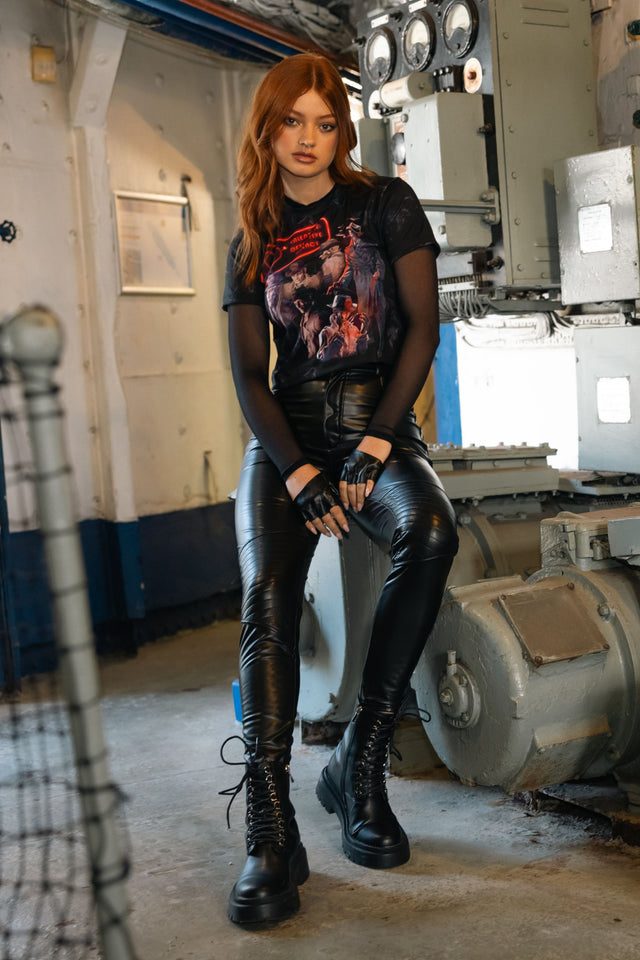 Model wearing Fallout x BlackMilk Be My Valentine Baby Tee featuring Valentine Detective Agency neon sign and noir artwork print.