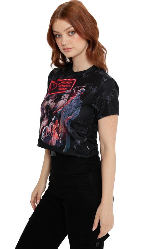 Fallout x BlackMilk Valentine Detective Agency Baby Tee featuring noir-style Fallout artwork and cropped silhouette.