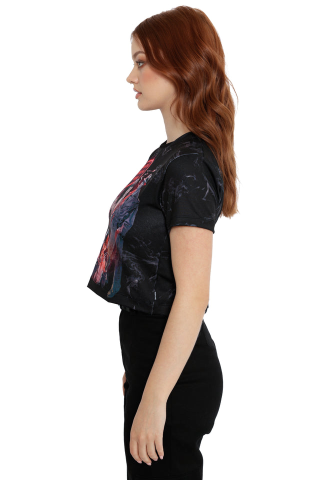 Fallout x BlackMilk Be My Valentine Baby Tee with retro Fallout detective artwork and heart neon detail.