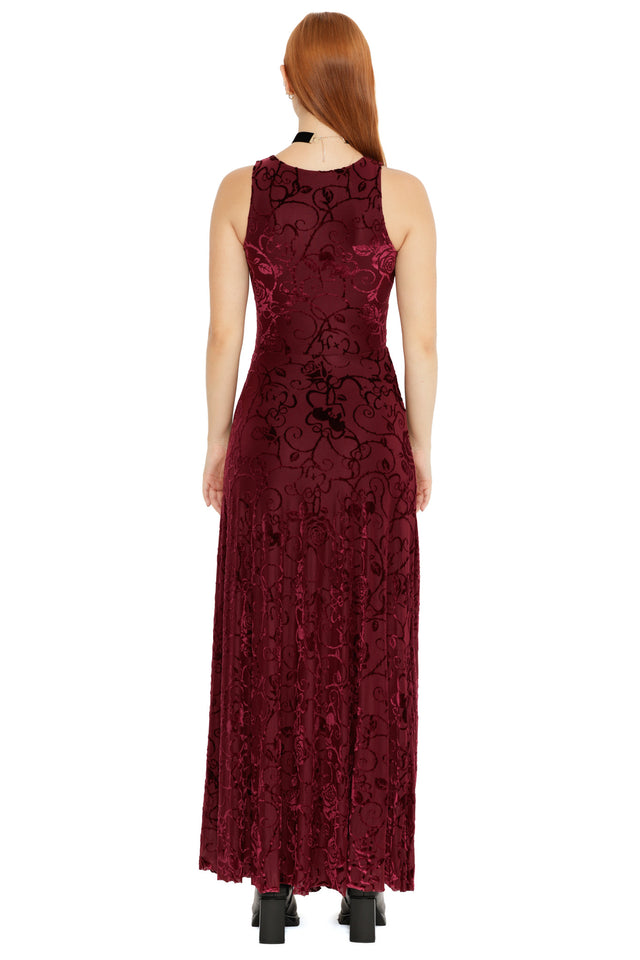 Be With Me Always Black Cherry Burned Velvet Princess Maxi Dress from the Wuthering Heights collection, a gothic romantic maxi dress with textured velvet floral pattern and dramatic thigh split