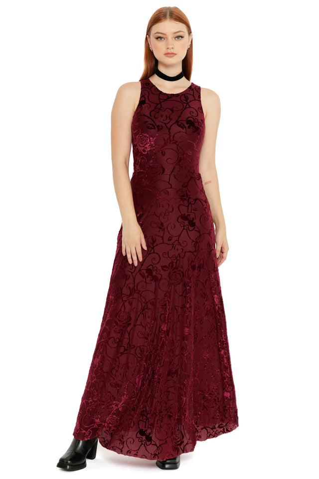 Be With Me Always Black Cherry Burned Velvet Princess Maxi Dress from the Wuthering Heights collection, a gothic romantic maxi dress with textured velvet fabric, corset styling and flowing skirt