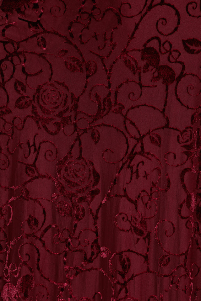 Wuthering Heights Be With Me Always Princess Maxi Dress in black cherry burned velvet, featuring a fitted bodice, flowing skirt and dark romantic styling