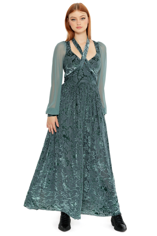 Juniper green Be With Me Always Burned Velvet Sheer Romance Maxi Dress from the Wuthering Heights collection, a gothic romantic dress with sheer sleeves and flowing skirt